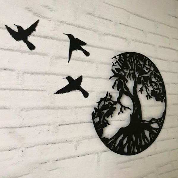 Metalliseinätaide Elämänpuu Linnuilla Musta Deco - 28CM/11.02in Moderni Metalli Deco Seinäkoriste Sisäperheenkyltti