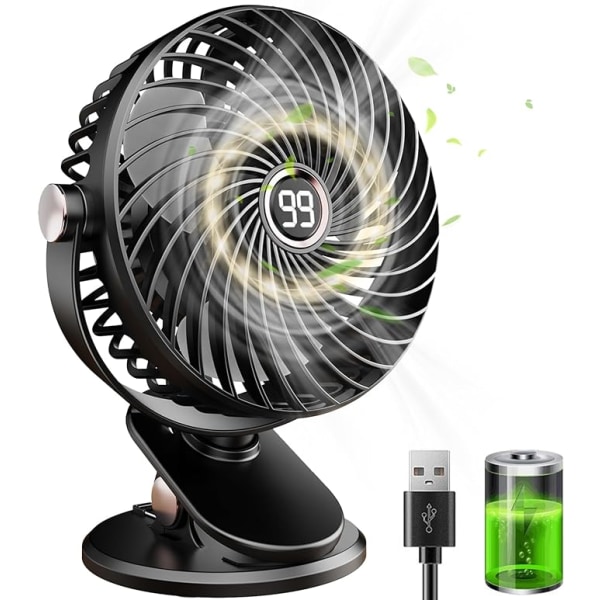 Desk Fan, Mini Quiet USB Fan with LCD Display, 6000mAh Small Rechargeable