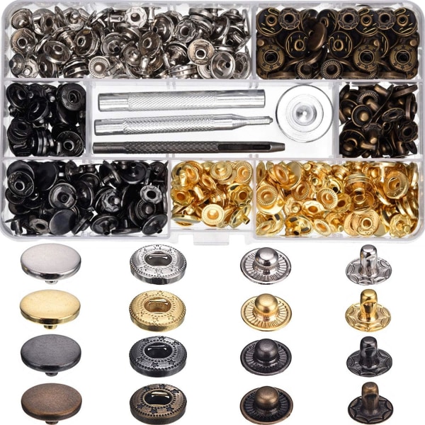 100 Set Snap Fasteners Läder Snaps Knapp Sats Press Studs med 4 Pie