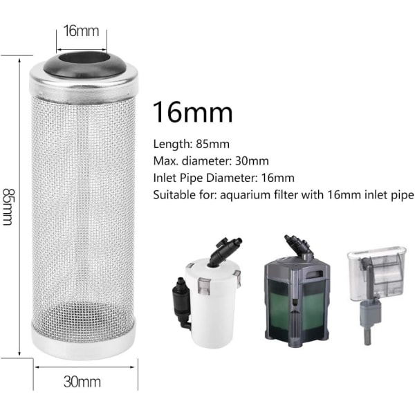 2 stk akvariefilterbeskyttelse i rustfritt stål, filterbeskyttelse, strøm, fisk, reker, sikker beskyttelse, akvarie, fisk, reker, nettfilteretui (16 mm)