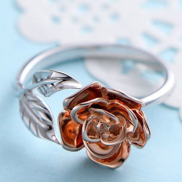 Dames Rose Blomster Ring Blad Justerbar Wrap Åbne Ringe, Farve Rose Guld Sølv