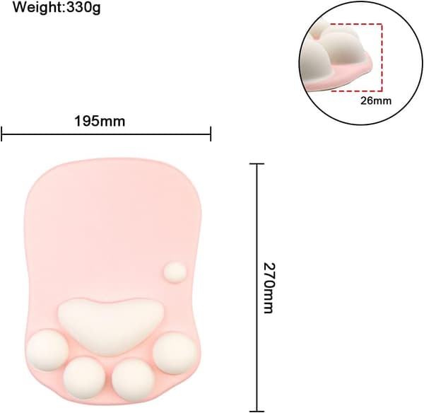 Musematte, søt og myk kattepote, håndleddsstøtte, rosa, 19,5*2