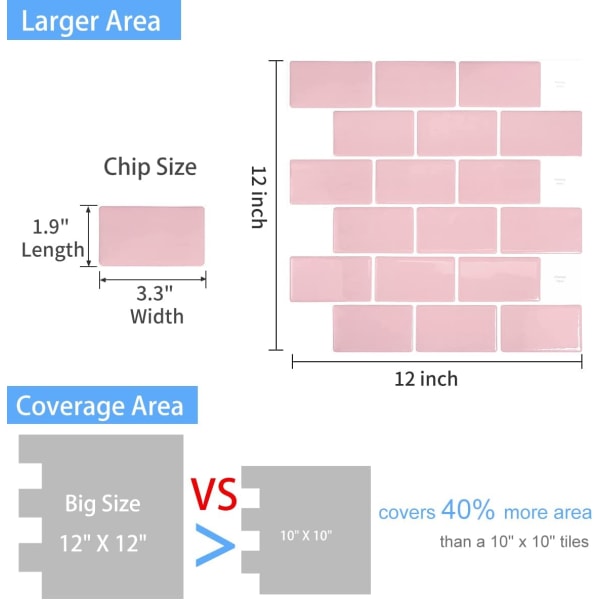 Flis Peel and Stick Backsplash Tile, 10-ark Premium Selvklebende Fliser for Kjøkken, Sterkere Oppgradert Lim, Rosa Stick on Backsplash for Kjøkken og Bad (12\" × 12\")