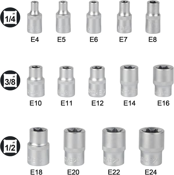 14 stk. E-stjerne Torx-stikdåsesæt E4-E24 Udvendig sekskantnøddesæt