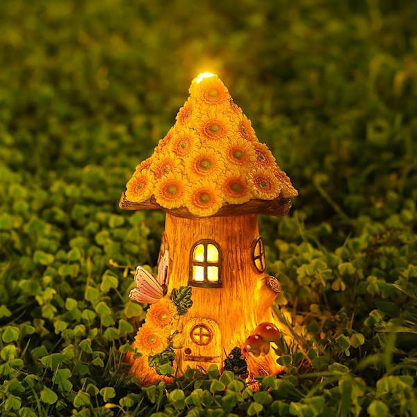Birdfly Fairy House Solcellslampa för Hem och Utomhus Dekor Svamphus Solcells LED Trädgårdslampa Fairy Solros Trädhus Bakgård Dekoration