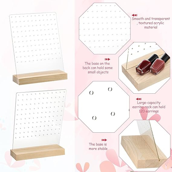 2 stk. 120 huller akryl øreringeholdere til piger klare øreringe arrangør display pegboards med træbaser ørestikker display