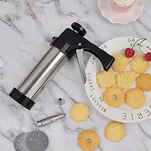 Bakning - Rostfri kakpresspistol + 13 kakskivor + 8 glasyrmunstycken