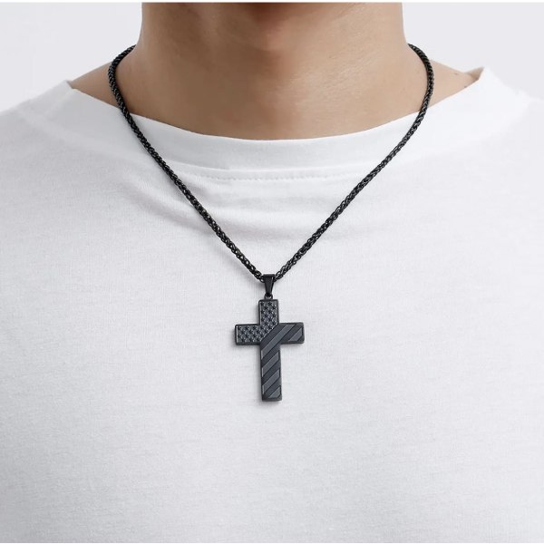 Män svart kors halsband Layered bibelvers hänge rostfritt stål