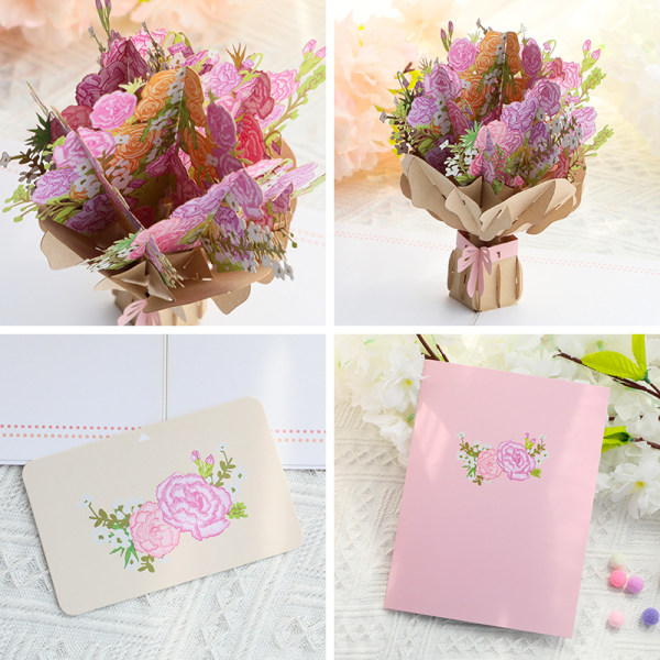 Pink Flower Bouquet Pop Up-kort, 3D Flower Takkekort til Mors Dag, Jubilæum, Tænker på dig, Valentinsdag, Alle lejligheder