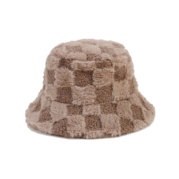 Plysj Fisherman Hat for Dame Fuzzy Chessboard Bucket Hat Wide Rim Fl