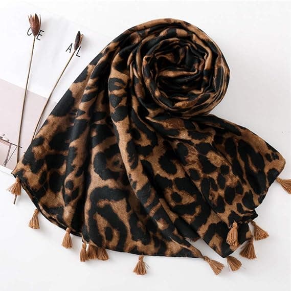 Dams Leopard Animal Print Fransad Axel Wrap Sjal för Vinter 90C