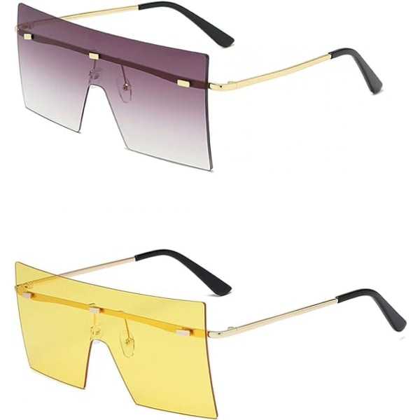 2pcs Square Sunglasses Flat Top Fashion Oversized Shades Mirror Rimles