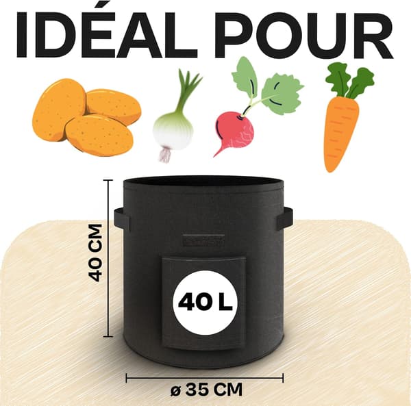 Potetdyrkingsposer - 3 Store 40L Planteposer - Permeable - Vaskbare og Sammenleggbare