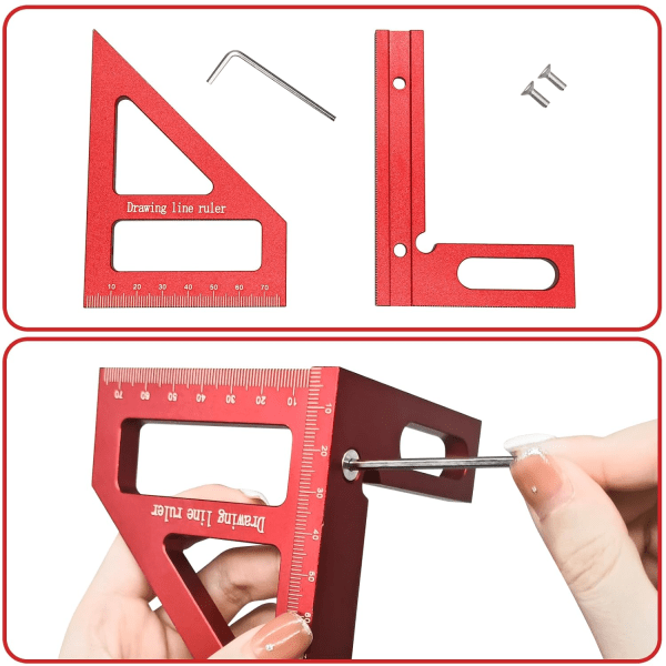 3D träbearbetning vinkelhake gradskiva, 45/90 graders snickare vinkel aluminium gering träbearbetning linjal, triangel linjal ritsverktyg (röd)