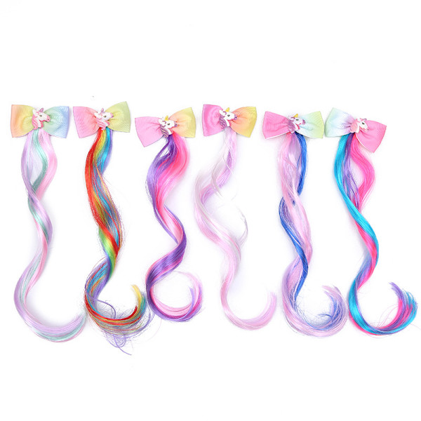 6 Färg Enhörning Båge Hårklämmor med Färgglada Hår Extensions Glitter Fjäril Hårklämma Peruk Lockig Hästsvans Hår Båge Prinsessa Klä Upp Tiara Hästsvans Tillbehör 30CM