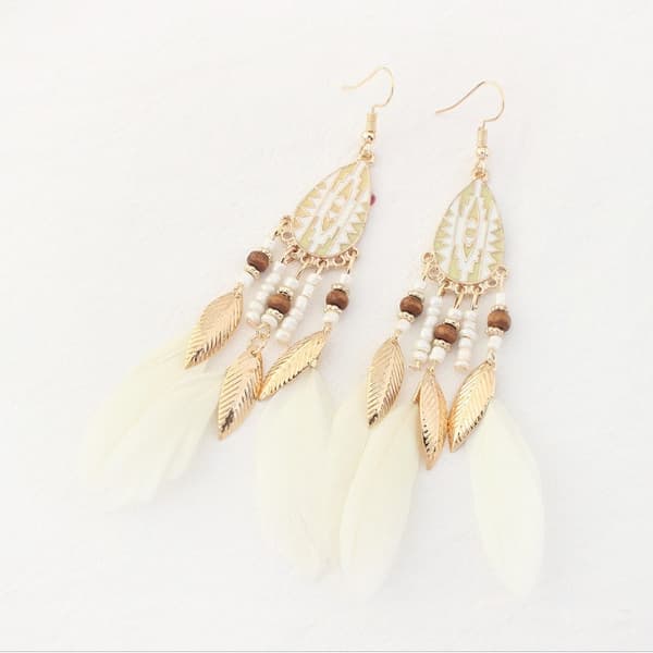 Bohemian Feather Fishhook Øreringe Lange Drop Dangle Øreringe Kvinder Pige