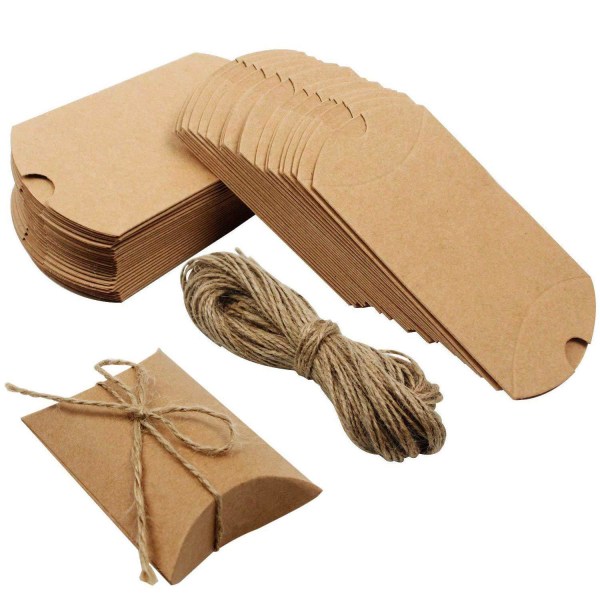 Kraft Paper Pillow Candy Box, Foldable Gift Box with Jute Rope for Wed