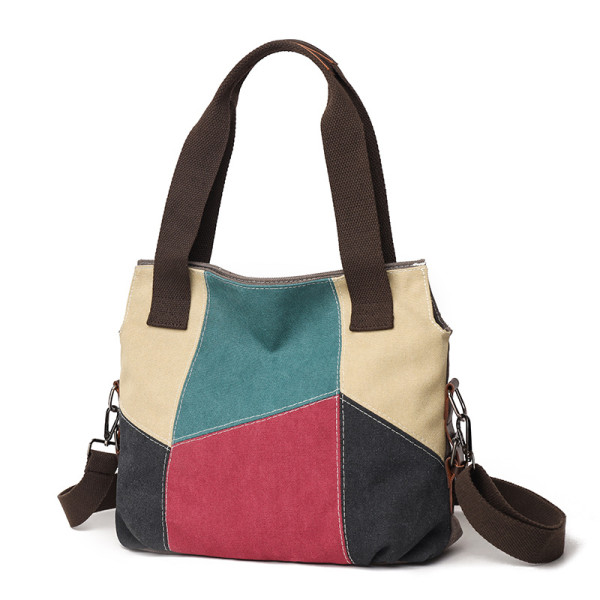 Fashion Kontrast Canvas Väska För Dam Stor Kapacitet Retro Kontrast
