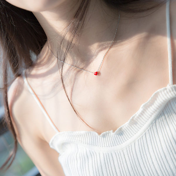 S925 Sterling sølv Lille Rødt Hjerte Halskæde hjerte kort kraveben kæde hjerte halskæde japansk og koreansk hjerte vedhæng 0.6*0.6CM rød