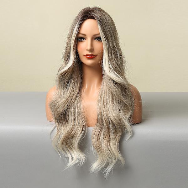 Ombre blond parykk lang bølget parykk for kvinner midtskill bølget parykker syntetisk