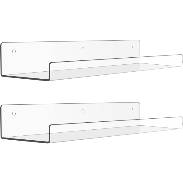 2 stk gjennomsiktige akrylhyller for vegglagring, 15\" flytende akrylhyller veggmontert, barnas bokhylle, visningshyller for soverom