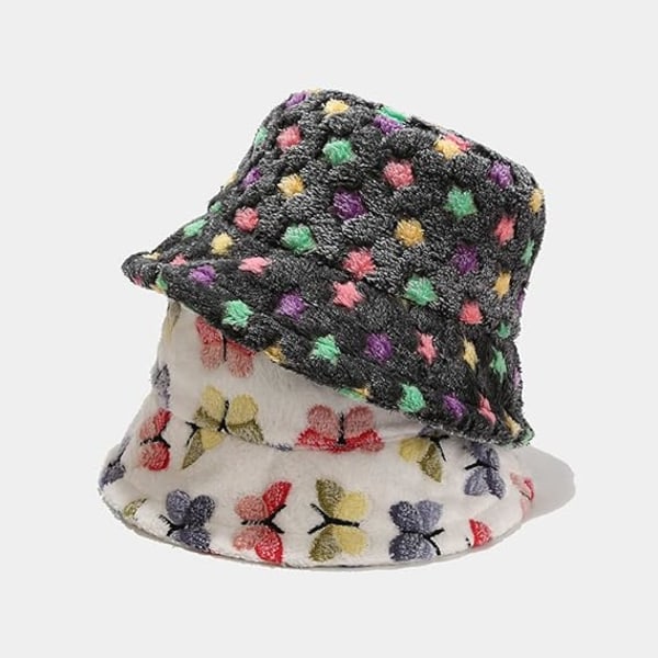 Vinter Plys Bucket Hat til kvinder Farverigt print Fuzzy Fisherman's Cap