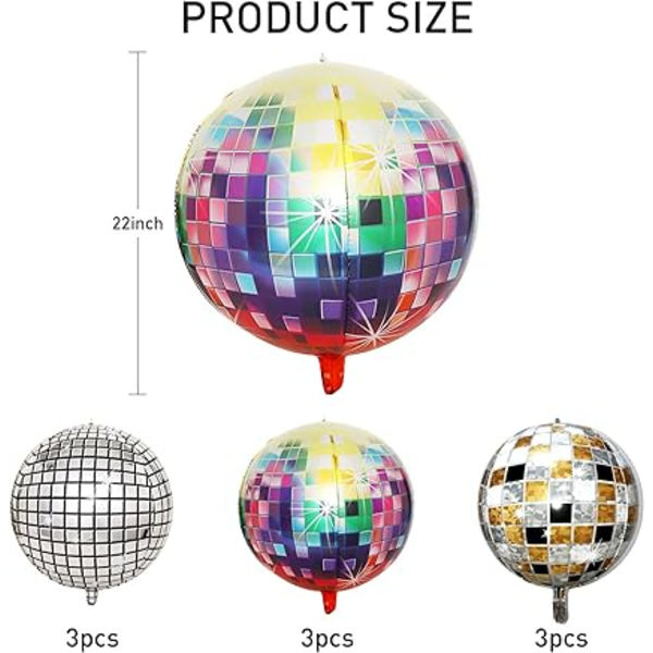 Disco-pallo, 80-luvun koristelu, 9 kpl disco-ilmapalloa, 22 tuuman valtava 4D-folioilmapallo