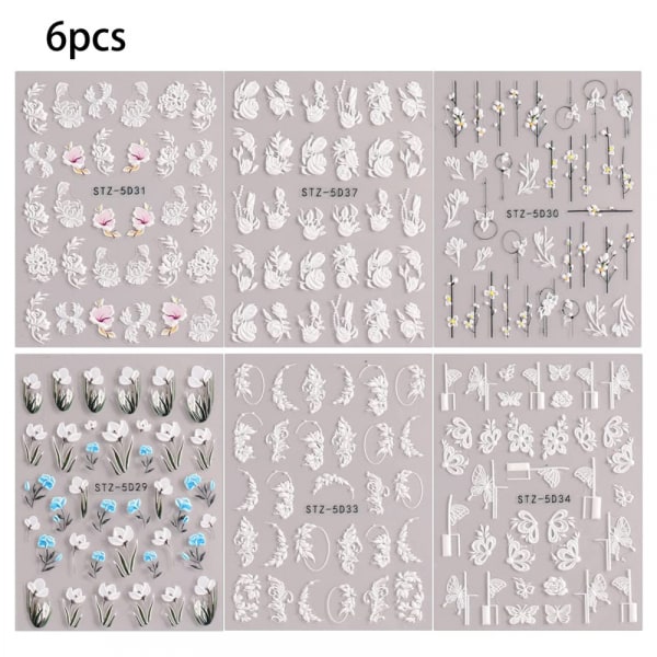 Embossing Butterfly Nail Art Decals 5D Selvhæftende Design Nail Art Tilbehør Utsøkt Luksus Blomsterblad Blondermønster (6 ark)