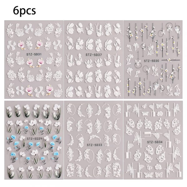 Prägling Fjäril Nagelkonst Dekaler 5D Självhäftande Design Nagelkonst Tillbehör Utsökt Lyxig Blomma Blad Spetsmönster  (6 ark)