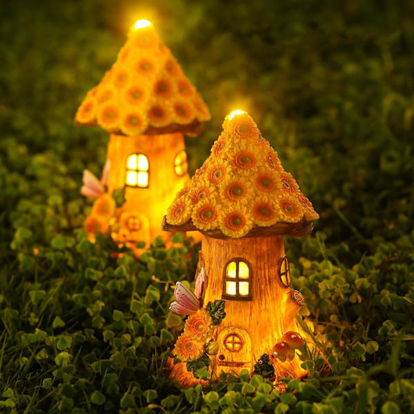 Birdfly Fairy House Solcellslampa för Hem och Utomhus Dekor Svamphus Solcells LED Trädgårdslampa Fairy Solros Trädhus Bakgård Dekoration