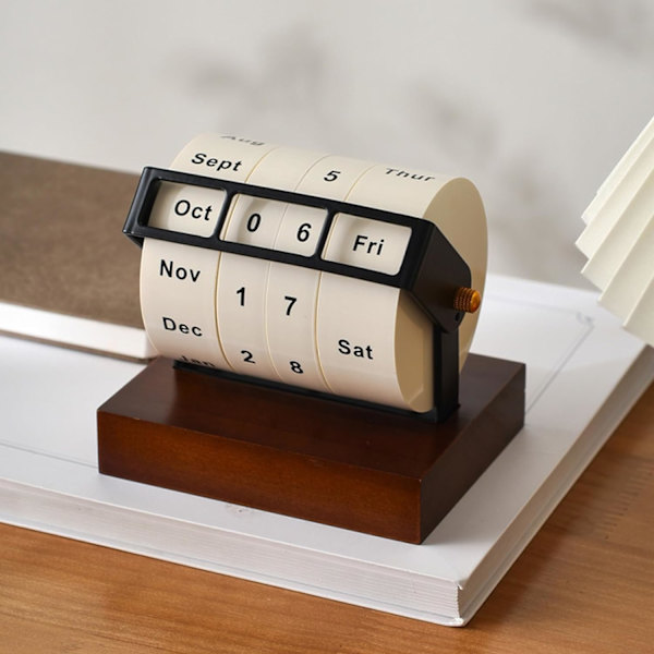 Træ evighedskalender, roterende skrivebordskalender i træ, genanvendelig tidskort, evighedsbordkalender til hjem og kontor