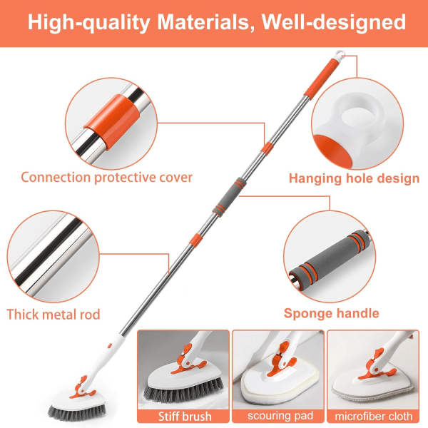 Badekar flis skrubbebørste, 3 i 1 dusj rengjøringsbørste med 133 cm justerbart langt håndtak, gulvskrubbebørste