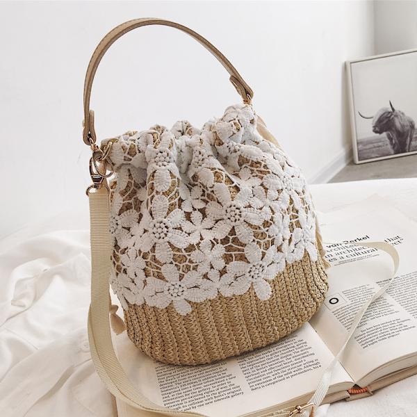 Gräs vävd väska rotting vävd strand semester bärbar crossbody väska läder