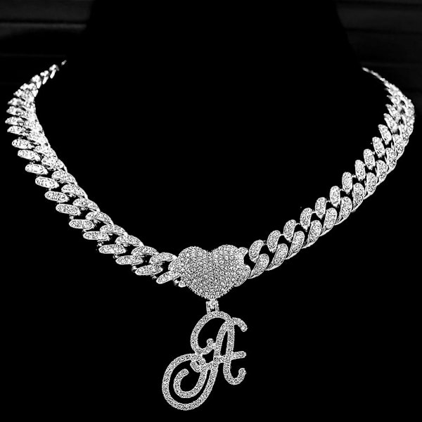 Hip Hop Unisex Bling Kursiv Hjerte Bogstaver Vedhæng Halskæde Iced Out Krystal Initialer Cubansk Kæde Halskæder Dame Smykker