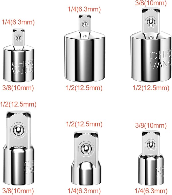 Stykker Topadapter, Skraldeadapter, Topadaptere, Adapter 1/4\" til 3/8\", 1/2\" til 3/8\", 3/8\" til 1/4\", 3/8\" til 1/2\", 1/2\" til 1/4\", 1/4\" til 1/2\" til