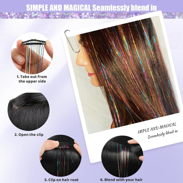 12st Clip in Hair Tinsel Kit, 20,5 tum Rainbow Glitter Värmebeständig