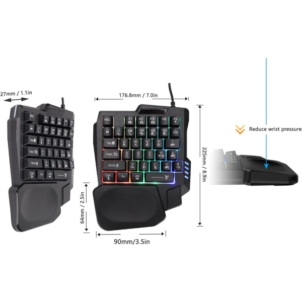 Enhånds gaming tastatur, tre farver baggrundsbelysning bred håndledsstøtte 35 K