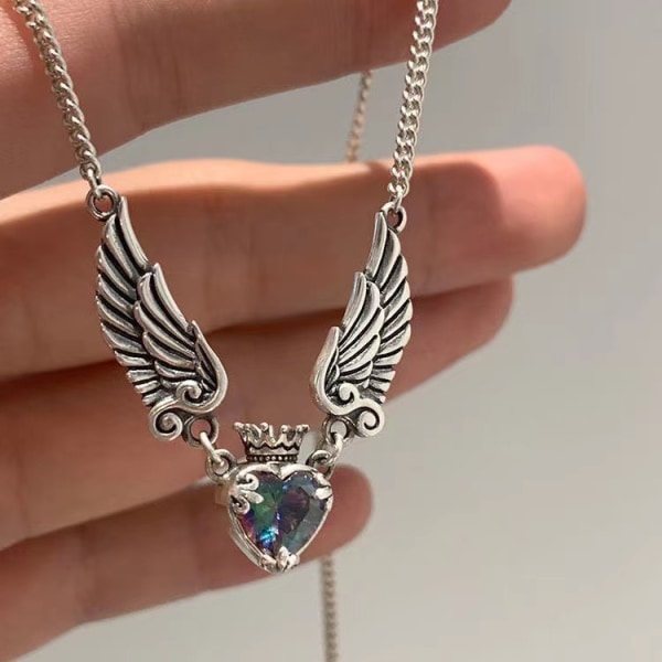 Vintage Princess Queen Crown Heart med Vinger Vedhæng Halskæde Valenti