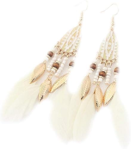 Bohemian Feather Fishhook Øreringe Lange Drop Dangle Øreringe Kvinder Pige