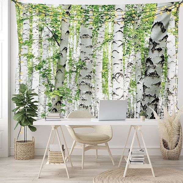 Forest Tapestry Väggbonad, Björkträd i skogen Sommartid Vilda djur Naturtema Dekorera Vardagsrum Sovsal Dekor, 60\" X 40\", Vit Grön