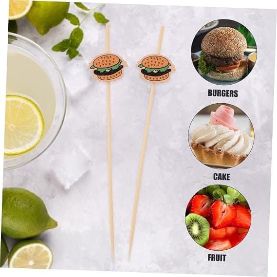 100 stk burgerformede fruktpinner, forrettstannpirkere, pyntspyd