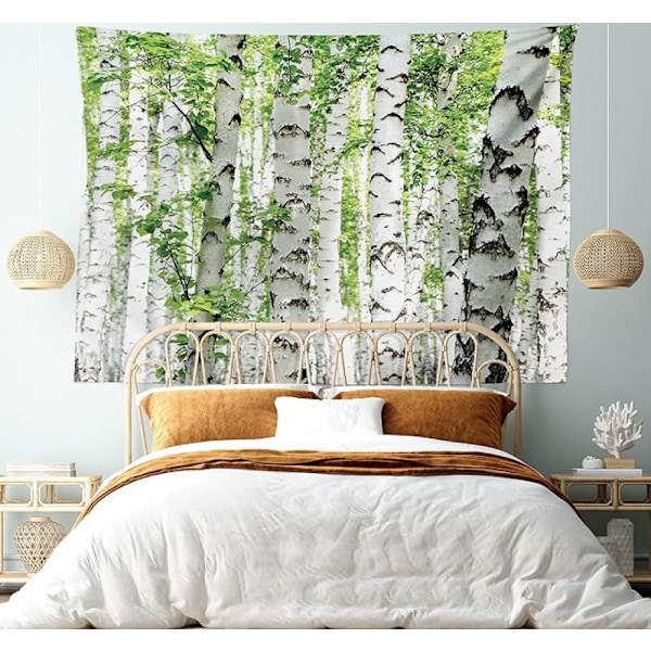 Metsägobelini seinävaate, koivut metsässä kesäaikaan villieläinten luontoaiheinen sisustus olohuoneen asuntolan sisustus, 60\" X 40\", valkoinen vihreä