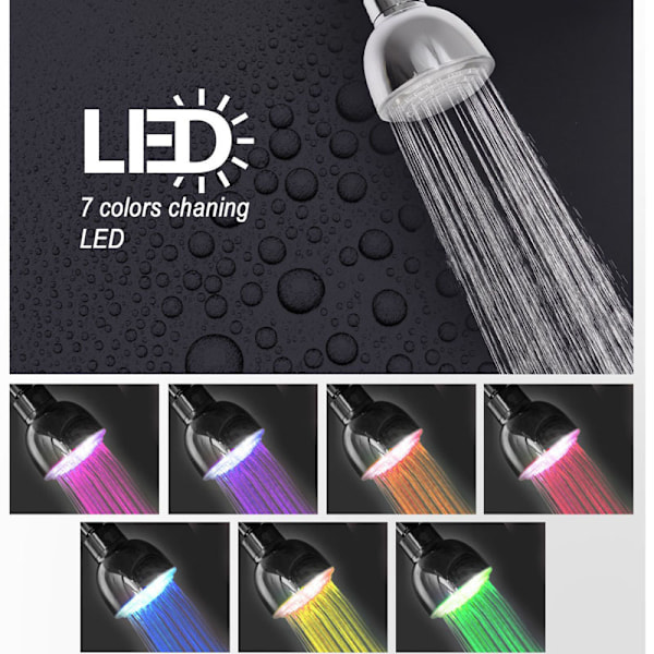 LED Dusjhode, Dusjhode med Lys, 7 Farger Blinkende Lys, Automatisk Skiftende LED Fast Dusjhode for Baderom