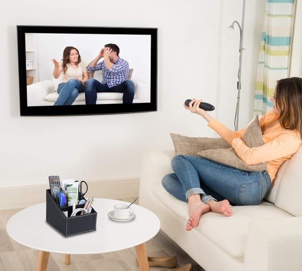 Fjärrkontrollhållare i läder, fjärrkontroller TV luftkonditionering bordsställ förvaringslåda med mockafoder, smink