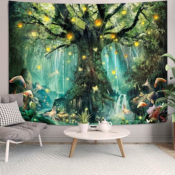 Fantasia Metsä Gobelini Vihreä Keiju Elämänpuu Gobelinit Makuuhuoneeseen Esteettinen Luonto Tapastry Seinävaate (Vihreä, 130*150CM)
