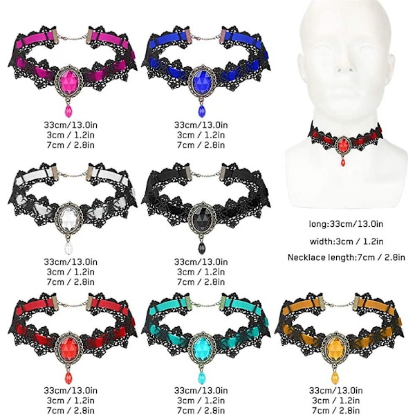 7 stk. gotiske choker-halskæder til kvinder, retro håndlavet sort blondechoker
