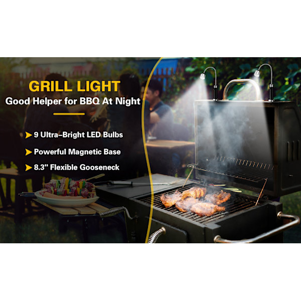 BarbecueLight, 2-pack magnetiska baser, ultraljusa LED-grilljus, 360