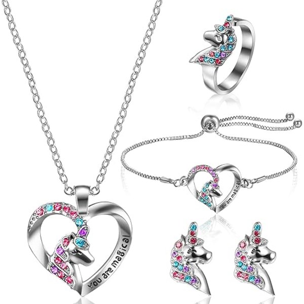 Enhörning Ponny Ring Armband Halsband Örhängen Färgglad Ponny Set