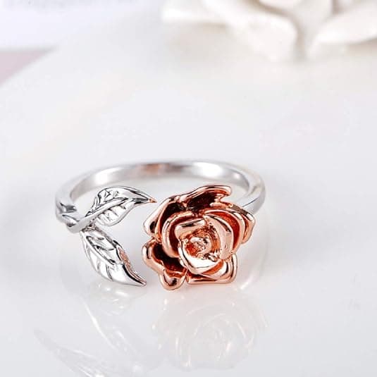 Dames Rose Blomster Ring Blad Justerbar Wrap Åbne Ringe, Farve Rose Guld Sølv