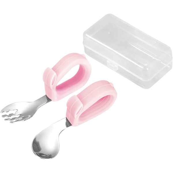 Bestikksett for barn, gaffel og skje for småbarn, bestikksett for barn, selvmating av barn, trygt og holdbart mursteinleketøy, matbestikksett for barn (rosa)